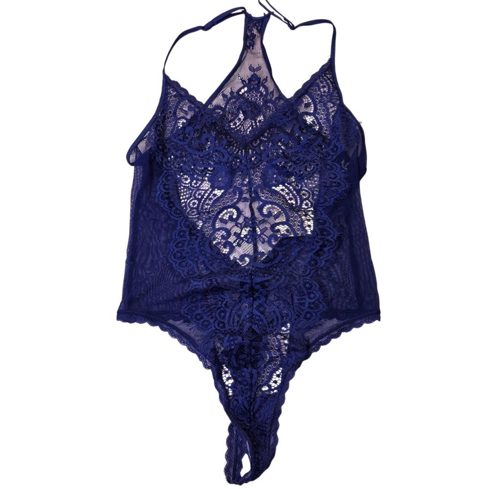 In Bloom‎ by Jonquil Lace Teddy Bodysuit Small NWT Navy Blue Mesh Thong Lingerie